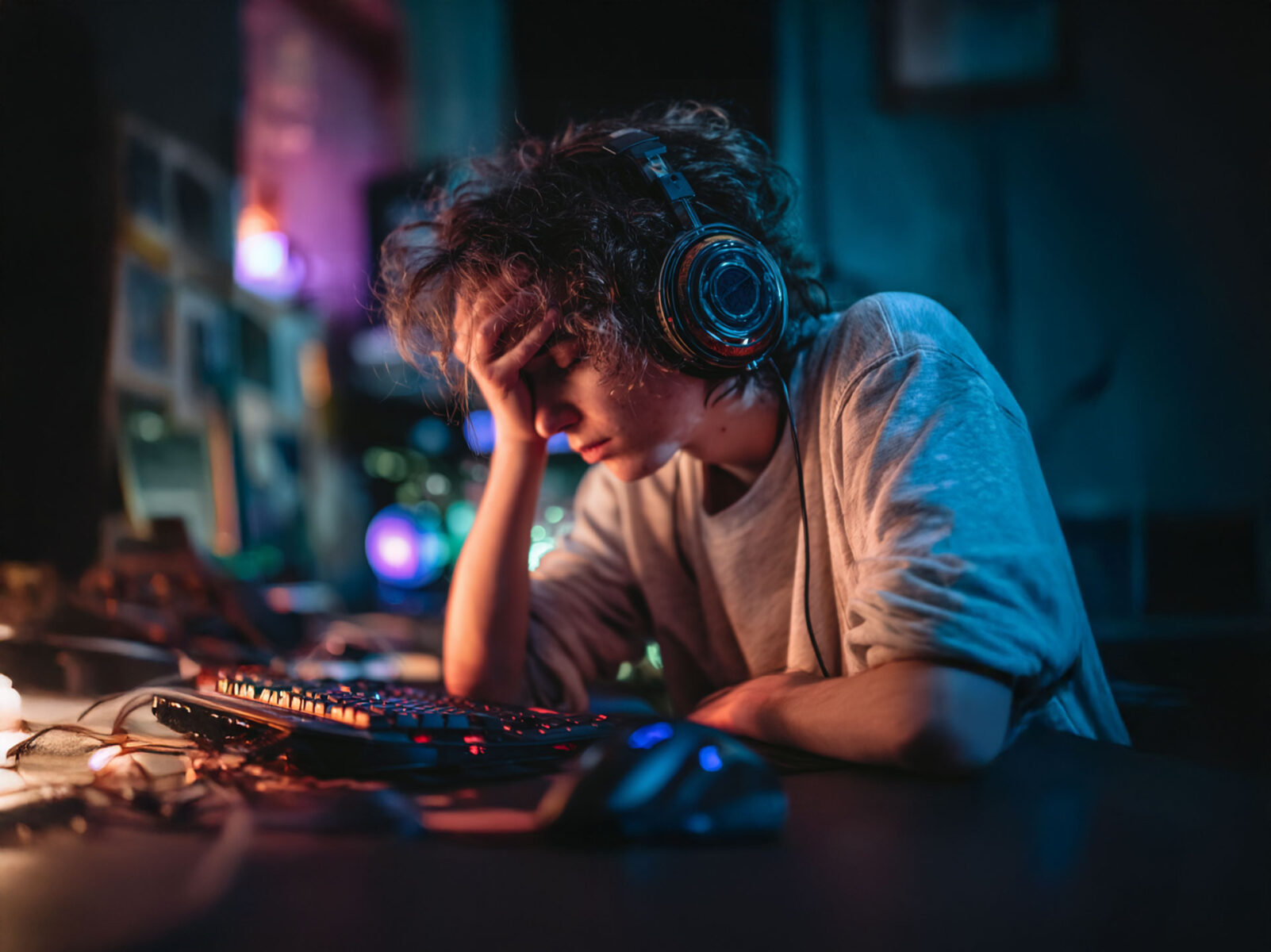 A gamer is having nausea in a dark room