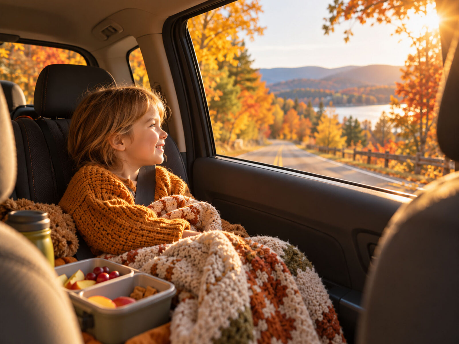 A kid sitting in the car with a snack bin and blanket traveling in fall